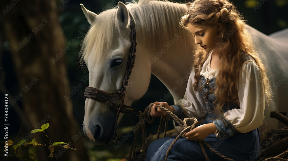 A girl braiding a horse's mane - obrazy, fototapety, plakaty 