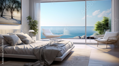 Modern bedroom with sea view © Yuwarin