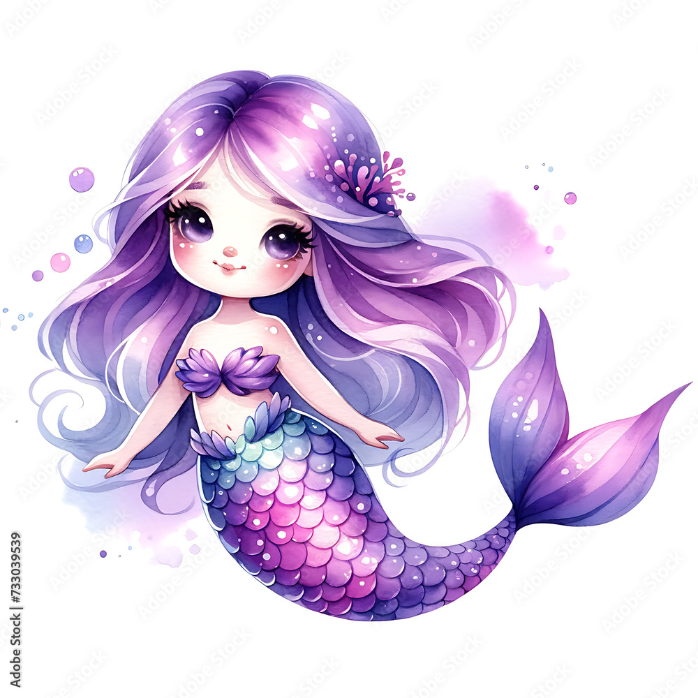 cute purple mermaid watercolor illustration