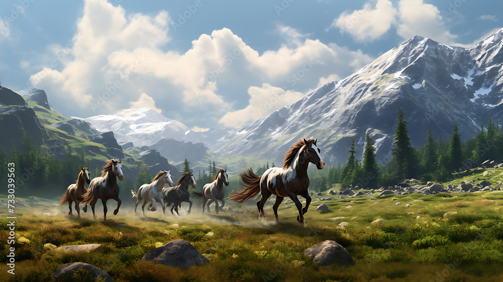 A group of horses in a mountain meadow