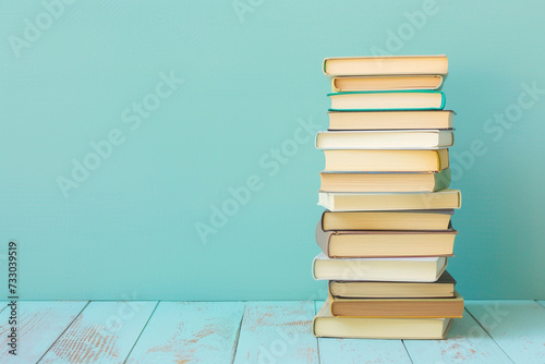 Tall Stack of Hardback Books Against Blue Background
