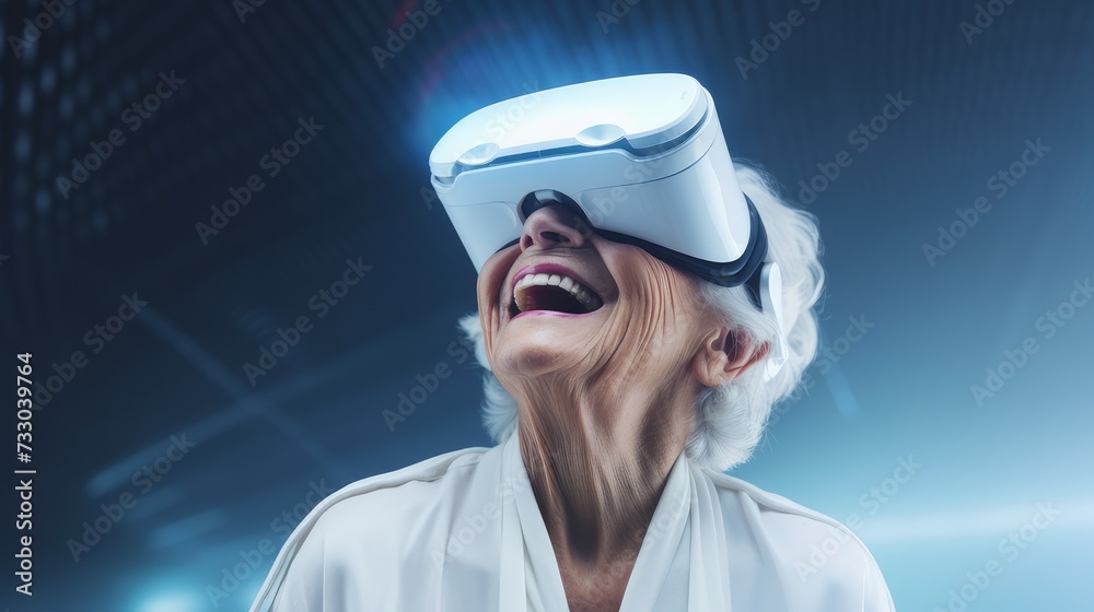 Portrait of a happy smiling enthusiastic Caucasian elderly old, gray-haired senior woman in a virtual reality headset. Portrait of a happy smiling enthusiastic Caucasian elderly old, gray-haired senior woman in a virtual reality headset.