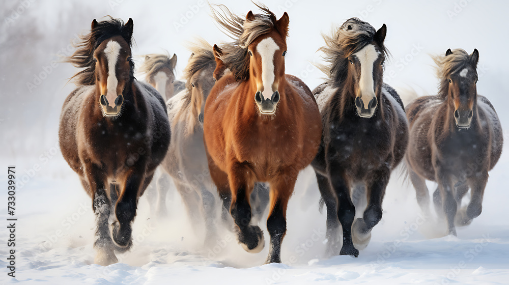 A group of horses in a snow-covered field