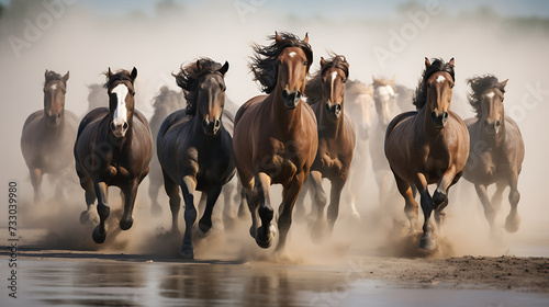 A group of horses running in a synchronized manner photo