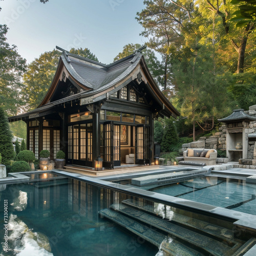 Tiny one floor timber frame house with double front doors and terrace with chinese theme design with pool © shiroi