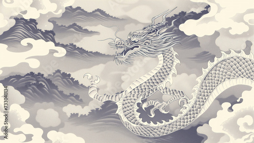 Dragon Dance in Monochrome: A Ukiyo-e Mural Masterpiece