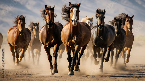 A group of horses running in a synchronized manner