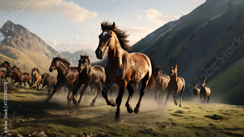 A herd of wild horses on a mountainous terrain