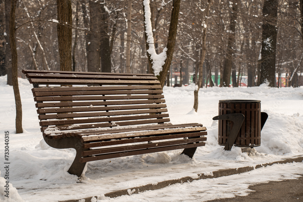 bench in the park in the snowy winter