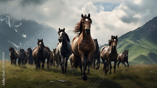 A herd of wild horses on a mountainous terrain