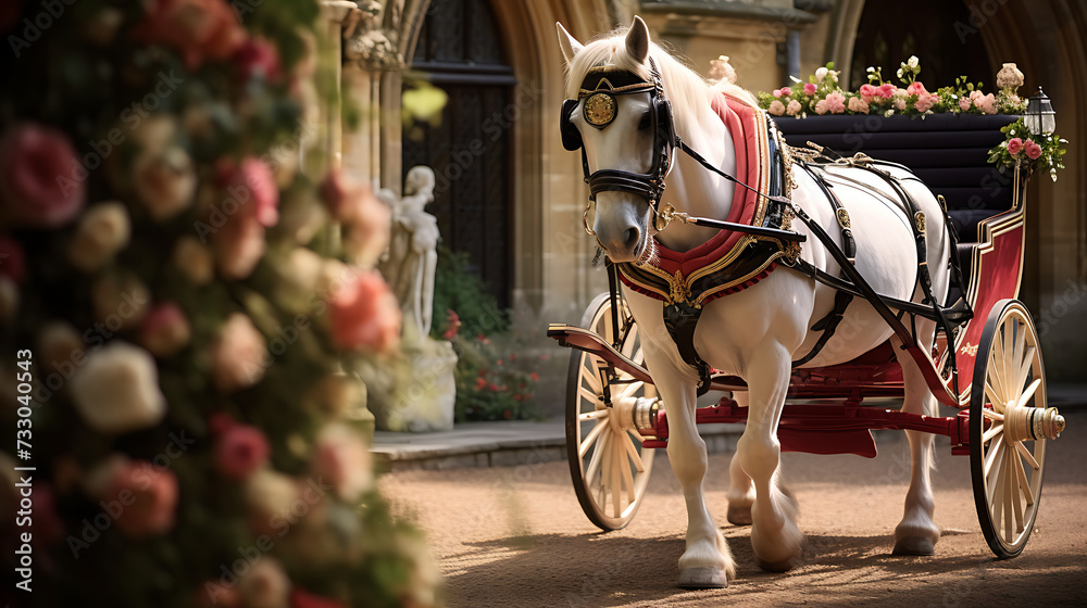 A horse-drawn carriage at a wedding