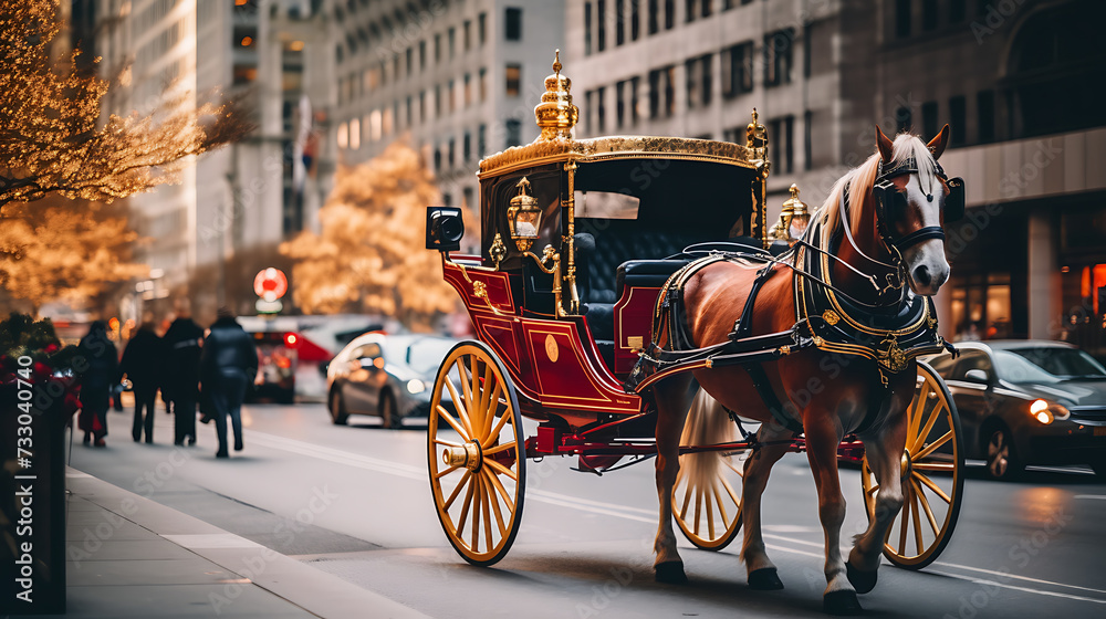 A horse-drawn carriage in a city setting