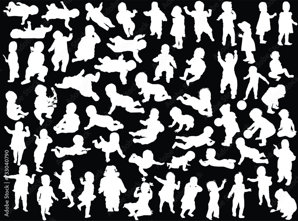 large set of child silhouettes isolated on black