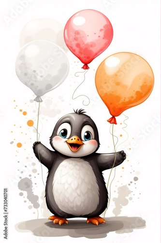 Cute Little Penguin Holding Three Balloons