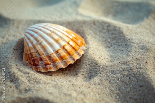 A detailed image of a seashell on the sand showing intricate patterns, ideal for use in educational materials, artistic reference, or coastal-themed design. © Ярослава Малашкевич