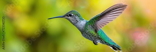 A detailed image of a hummingbird in flight amongst greenery, capturing its motion and grace, suitable for wildlife conservation, educational materials, or nature photography.