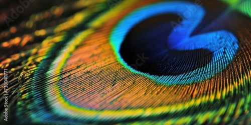 A close-up of a peacock feather showcasing its vivid colors and intricate patterns with water droplets enhancing its detail, perfect for artistic inspiration, textile design, or avian studies. © Ярослава Малашкевич