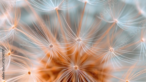 A close-up of a dandelion seed head, its delicate filaments captured in exquisite detail, suitable for botanical studies, artistic textures, or hyperrealistic nature photography for interior design  photo