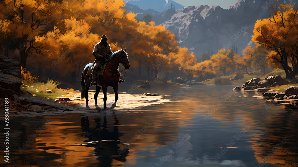 A horse and rider crossing a shallow river