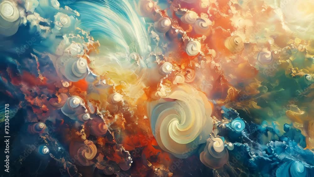Artwork characterized by the fusion of fluid shapes and vivid colors, conveying visual depth and movement.
