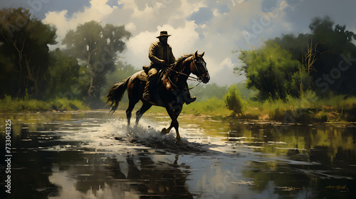 A horse and rider crossing a shallow river © Muhammad