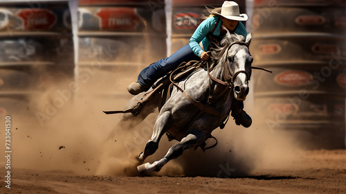 A horse and rider in a barrel racing competition
