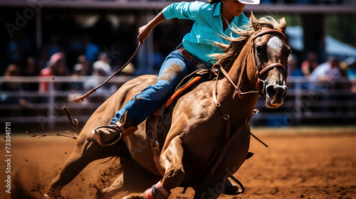 A horse and rider in a barrel racing competition