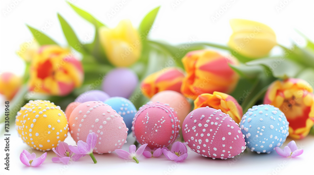 Colorful Easter eggs and tulips in a bouquet on a white background, ai generative Colorful Easter eggs and tulips in a bouquet on a white background, ai generative