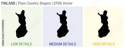 Finland - plain country shapes. Low, medium, and high detailed maps of Finland. EPS8 Vector illustration.