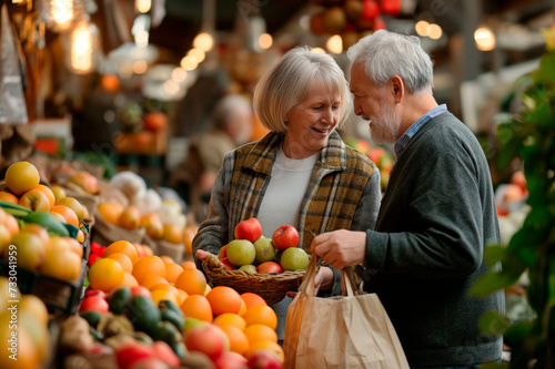Old couple stands at the market with a paper bag, chooses the fruits they like