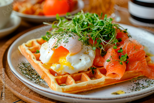 Viennese rectangular waffle with poached egg and red fish for breakfast
