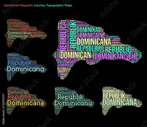 Dominican Republic. Set of typography style country illustrations. Dominican Republic map shape built of horizontal and vertical country names. Vector illustration.