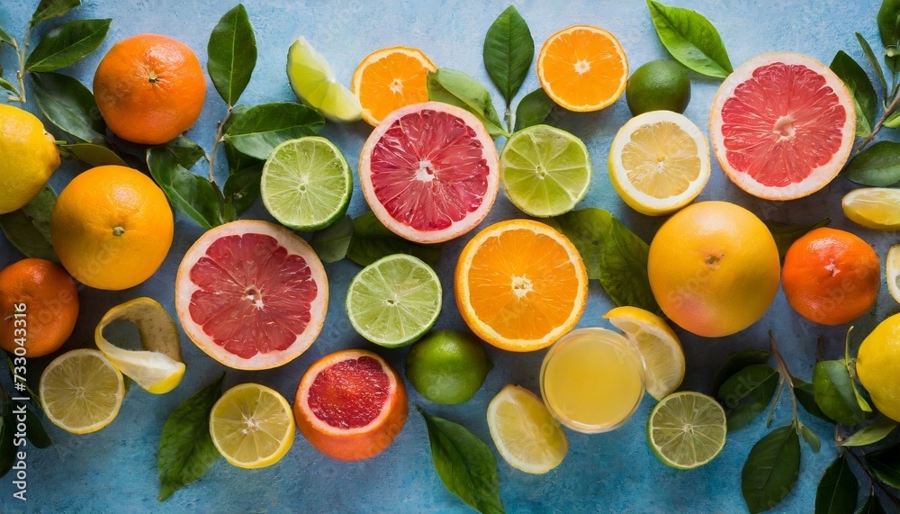 Juicy citrus fruits and green leaves. Organic and tasty food. Flat lay Juicy citrus fruits and green leaves. Organic and tasty food. Flat lay
