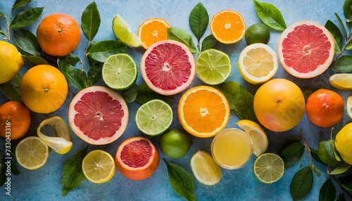 Juicy citrus fruits and green leaves. Organic and tasty food. Flat lay