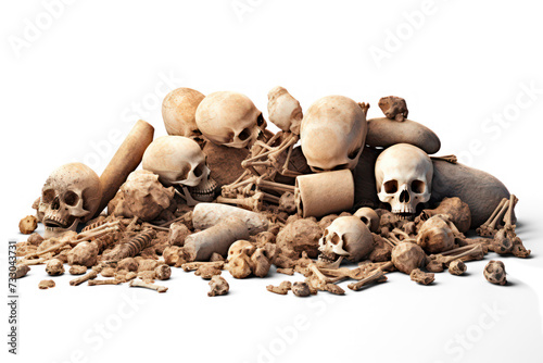 archaeological pile of old bones isolated on transparent background, png file photo