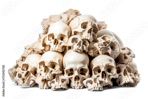 archaeological pile of scull bones isolated on transparent background, png file