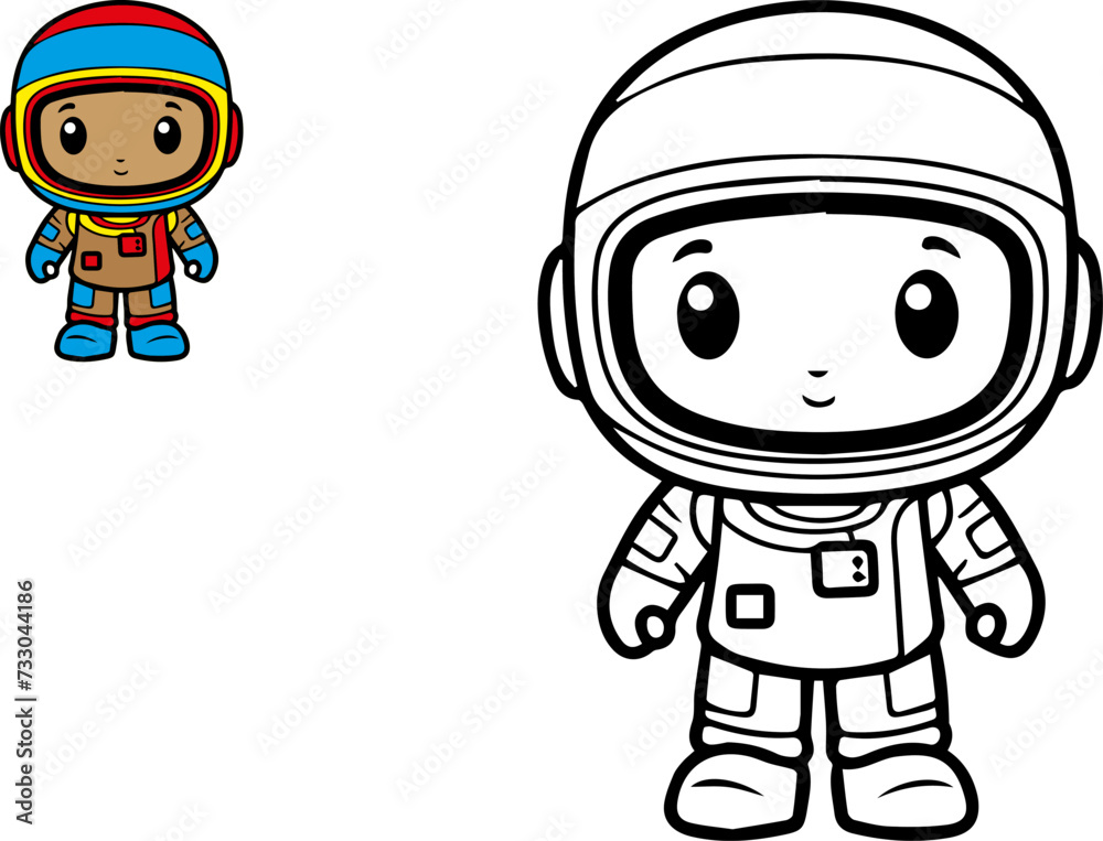 Cute cartoon Astronaut. Black and white vector illustration with colorful sample. for coloring book Cute cartoon Astronaut. Black and white vector illustration with colorful sample. for coloring book
