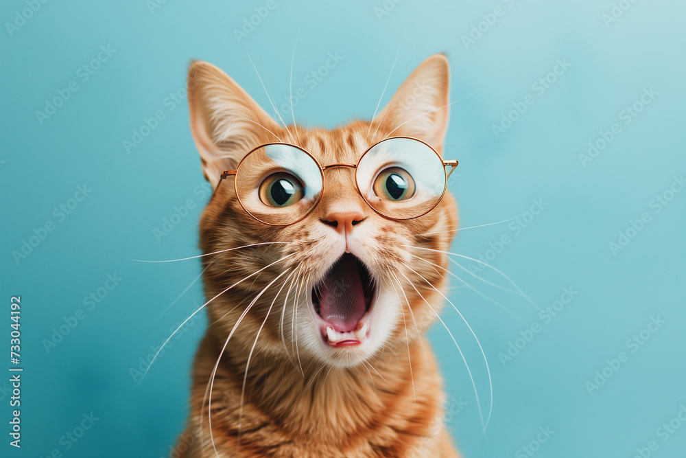 surprised red cat in round glasses with an open mouth on a blue background