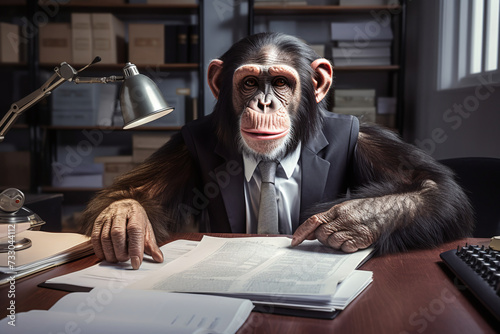 A lazy monkey sits in the office of a business.. Ai generate.