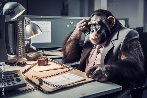 A lazy monkey sits in the office of a business.. Ai generate. © MOUNTAIN