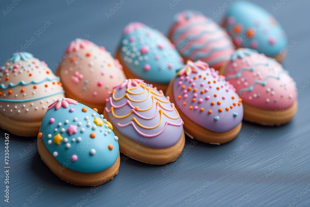 Easter cookies in the form of decorated eggs on blue background Easter cookies in the form of decorated eggs on blue background