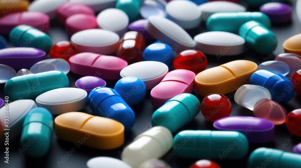 Fill the view of different coloured pills and capsules. Medical care concept. Generative AI Fill the view of different coloured pills and capsules. Medical care concept. Generative AI