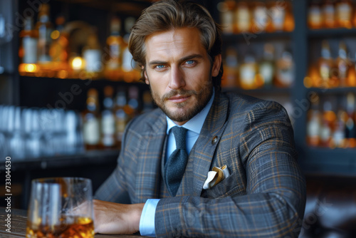Elegant Man Enjoying Whiskey at Bar. A dapper man in a tailored suit relaxes with a drink.