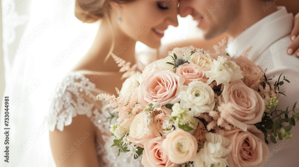 Naklejka premium Romantic Wedding Couple Embracing with Flower Bouquet