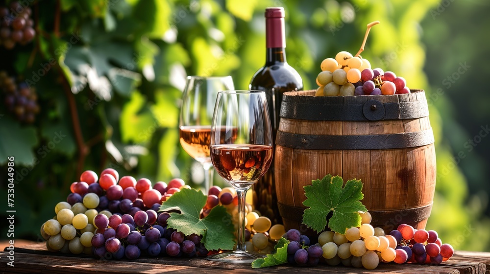 Elegant Wine Tasting Setup with Grapes and Barrel