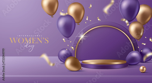 Women's day banner for product demonstration. Gold pedestal or podium with balloons and confetti on purple background.