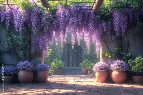 The Wisteria sinensis plant with lilac flowers decorates the entrance to the house. 3d illustration