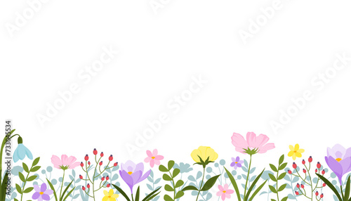 Trendy horizontal banner with hand drawn blooming flowers. Vector illustration on white background. Floral seamless patterns border.