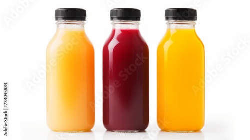 Assorted Fresh Fruit and Vegetable Juices in Sleek Bottles Isolated on White.