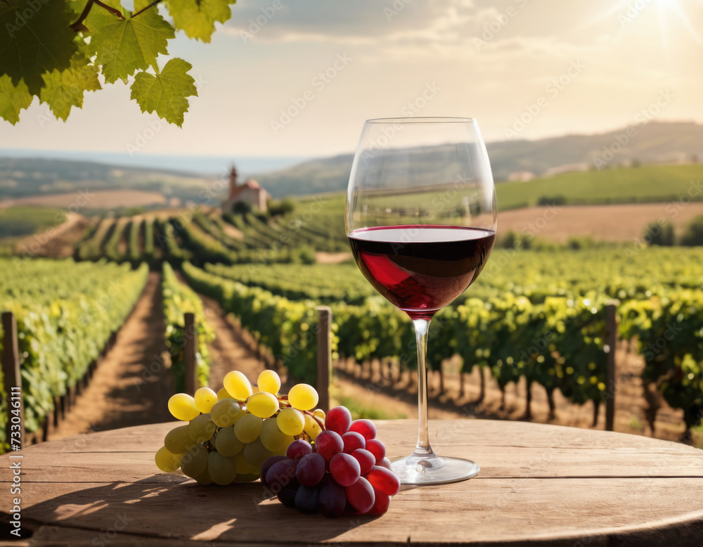 Wine glass with red wine overlooking a vineyard